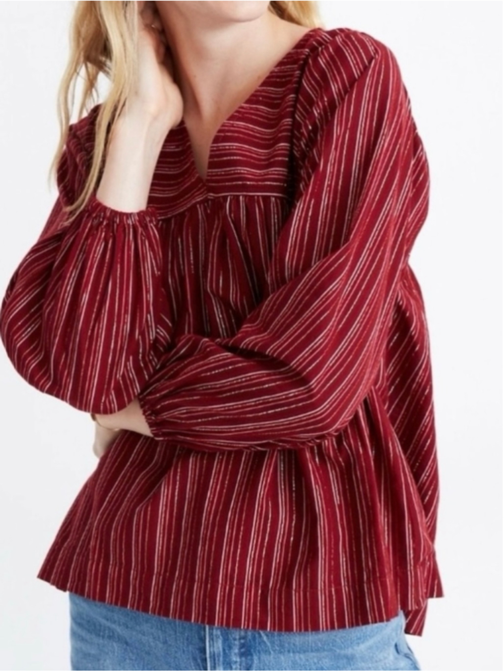 Madewell Swingy Peasant Top in Metallic Stripe Size Small Maroon